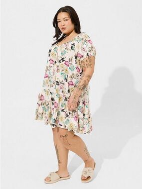 Torrid Cream Floral Gauze Puff Sleeve Tiered Trapeze Summer Dress Size 1